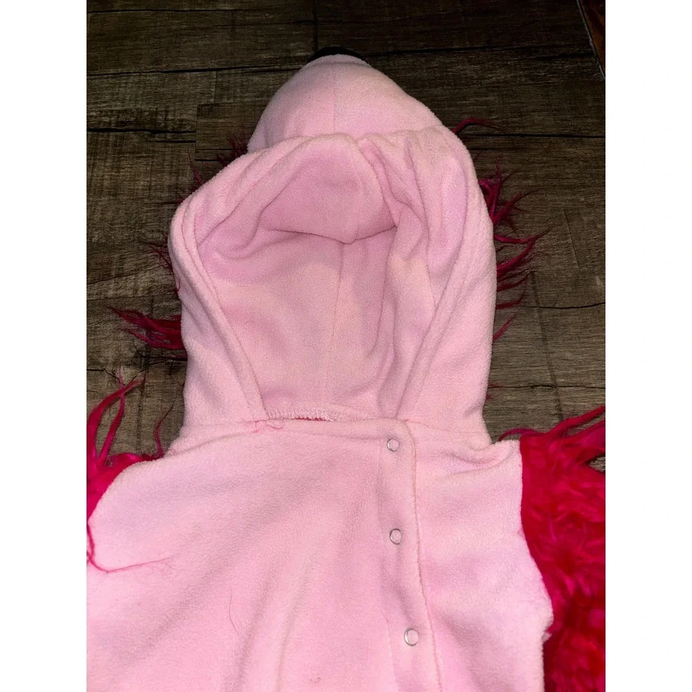 Pink Flamingo Baby Costume Fleece Romper with Faux Fur Hood and Sleeves Size 70